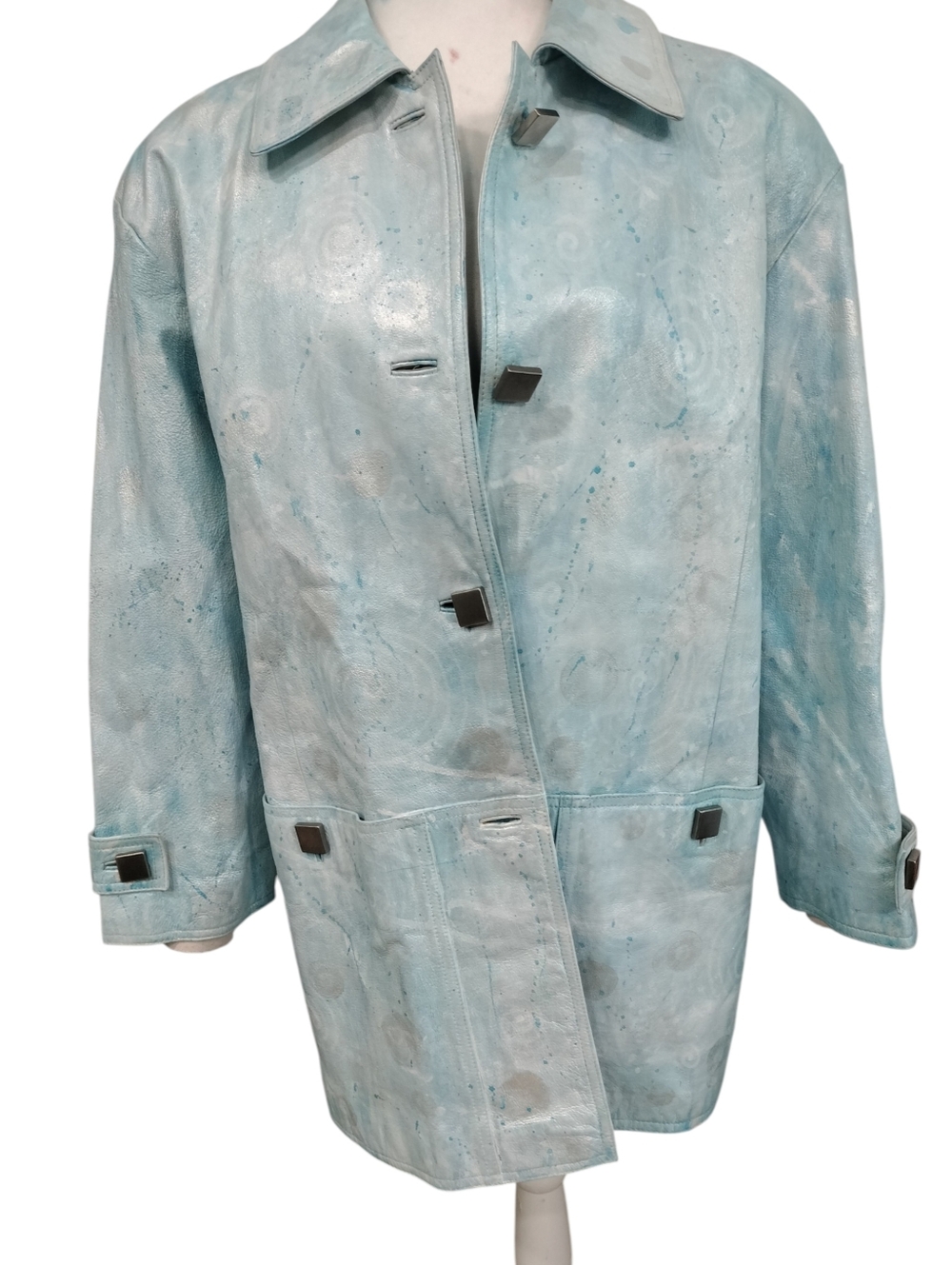 Vintage 80s BRAEFAIR Leather trench coat, Artsy Icy Blue wearable art, S 8 - Picture 4 of 14